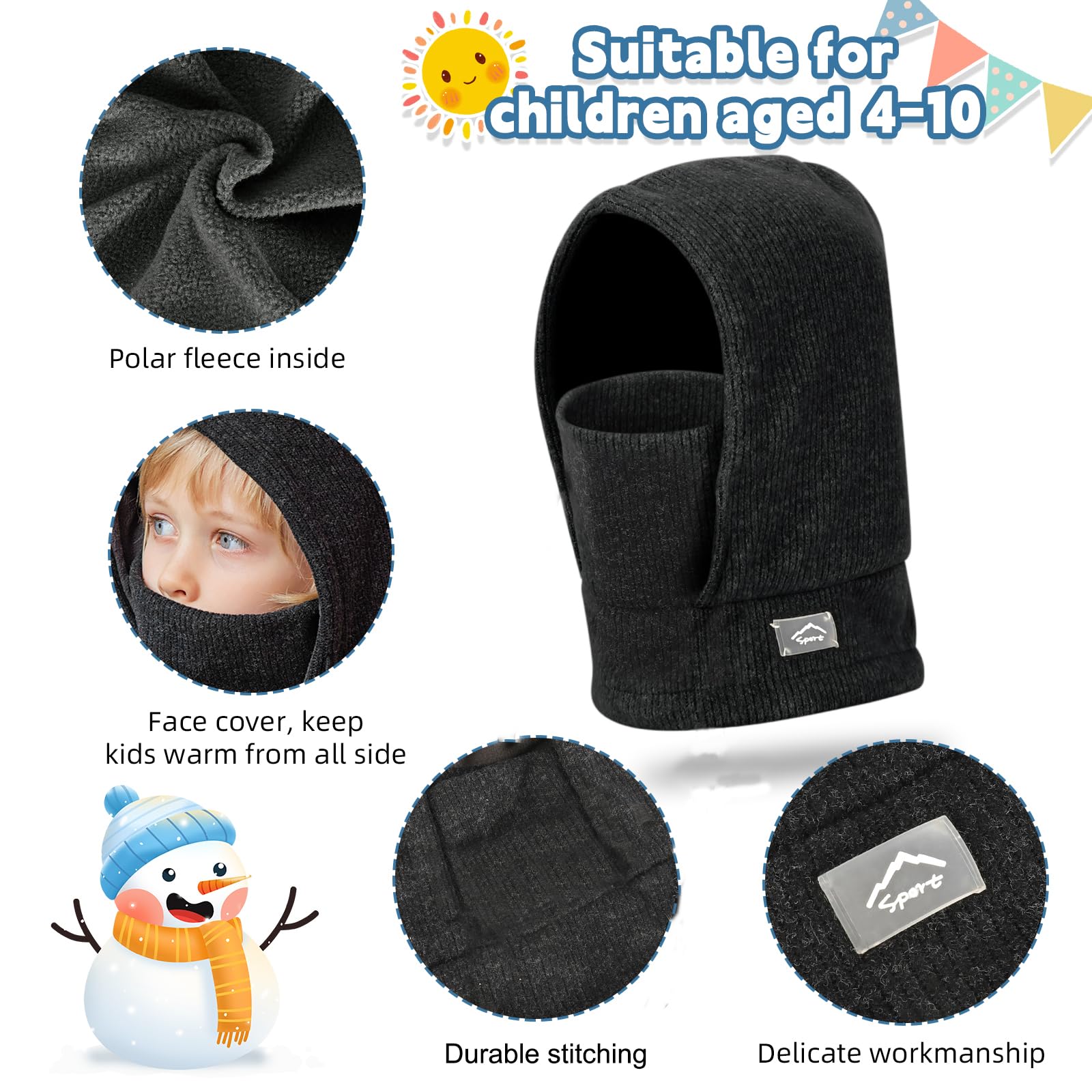 Pasamontañas Térmico de Invierno Niños 4-10, Multifuncional Cálido Prueba de Viento Máscara De Esquí Ciclismo, Sombreros Gorro de Punto Forro Polar, Calentador de Cuello, Mascarilla Niños Niñas