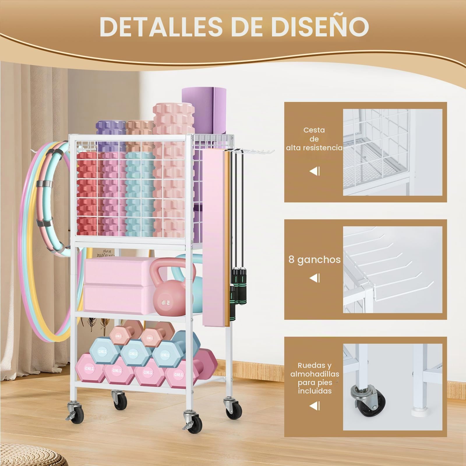 CADUKE Soporte y soporte para mancuernas, almacenamiento de esterilla de yoga con ganchos y ruedas, estante de pesas para gimnasio en casa, pesas rusas, esterilla de yoga, bloque de yoga, rodillo de