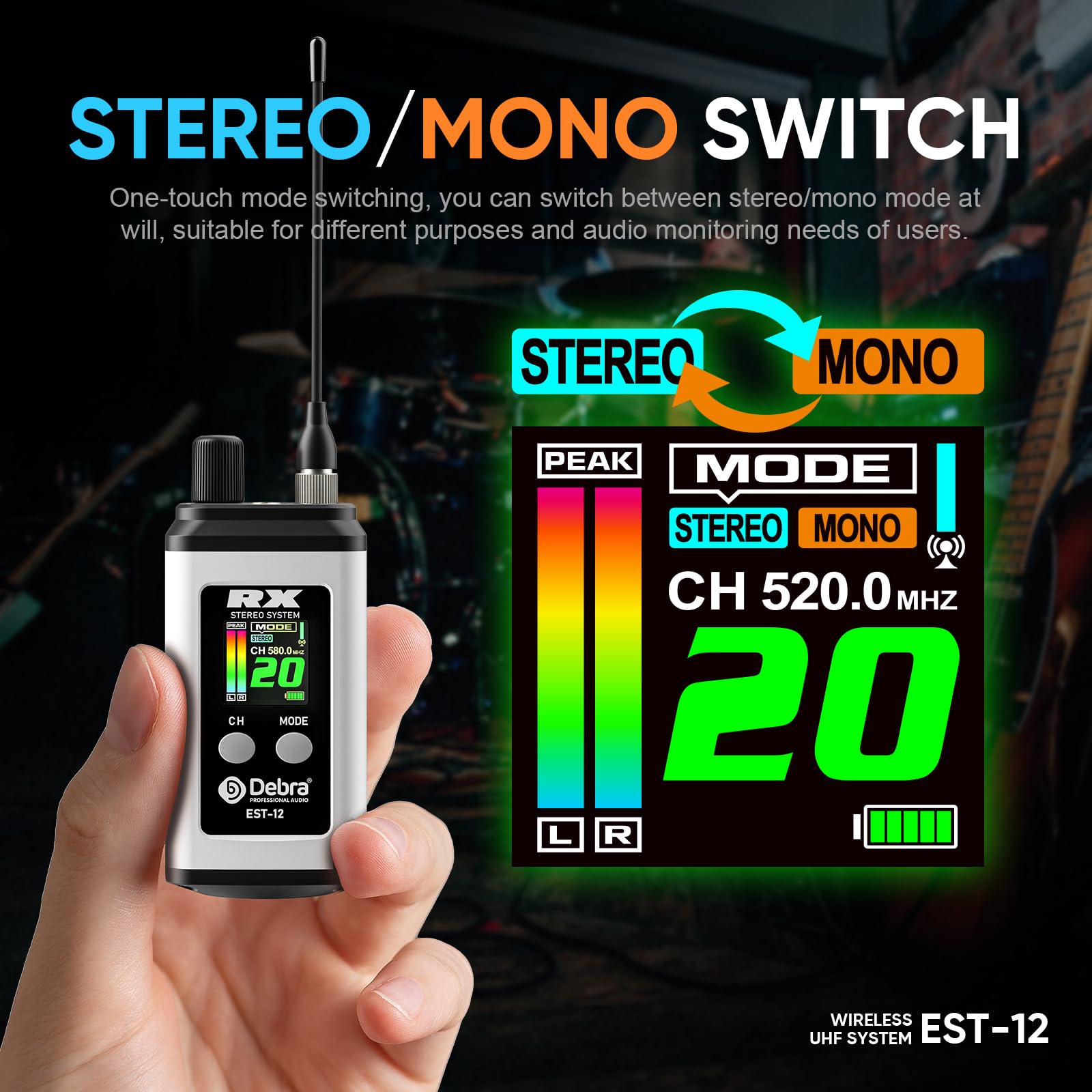 Debra EST-12 Sistema de Monitorización Inalámbrico UHF Profesional In-Ear, 0ms Latencia, Alcance Extendido, Carcasa Metálica para Conciertos y Estudio (1 Pcs)