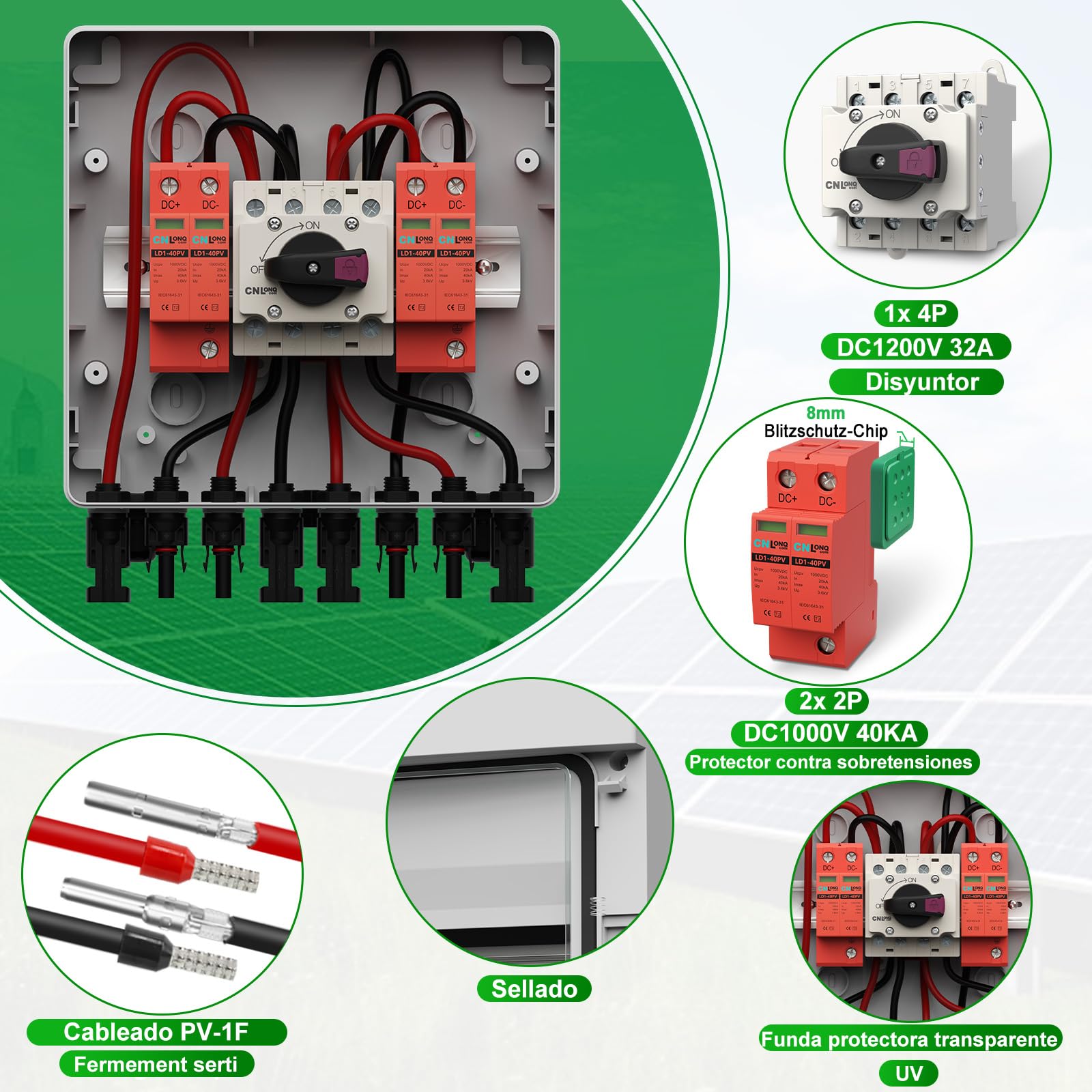IP65 Caja de Conexiones Solar Fotovoltaica 2 Cuerdas DC1000V 32 Amp Interruptor Disyuntor con Protector de Sobretensión Para Paneles Solares al Aire Libre