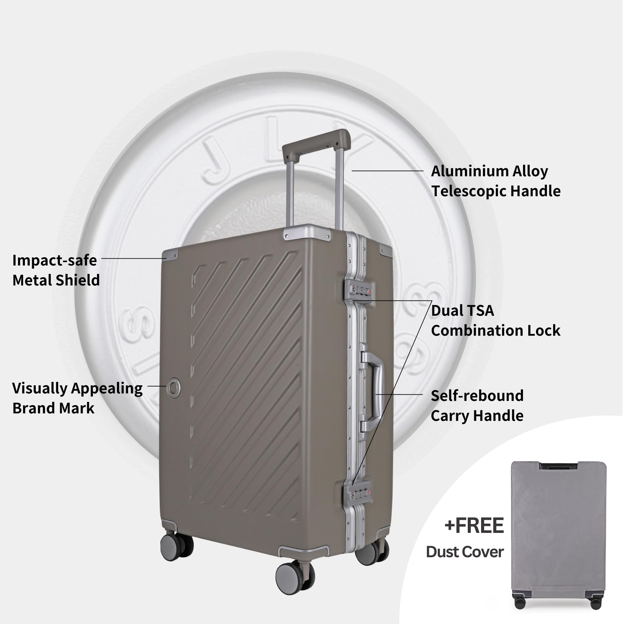 JLY Valigia Rigida 100% Policarbonato Senza Cerniera, Trolley da Viaggio con Doppio Lucchetto TSA, 4 Ruote Girevoli e Manico in Lega di Alluminio, Bagaglio da Stiva (Grigio Kaki, S (56cm 37L))