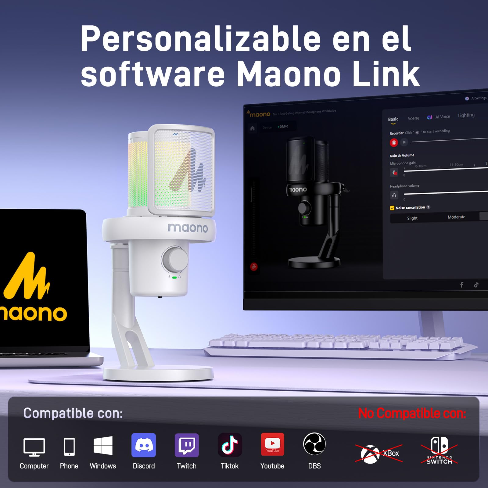 MAONO Microfono Inalambrico para PC, Microfono PC con Software de Cambiador de Voz con IA, Cancelación de Ruido, EQ Personalizado, Luces RGB Ajustables para Juegos, Podcasting, Streaming, DM40 Blanco