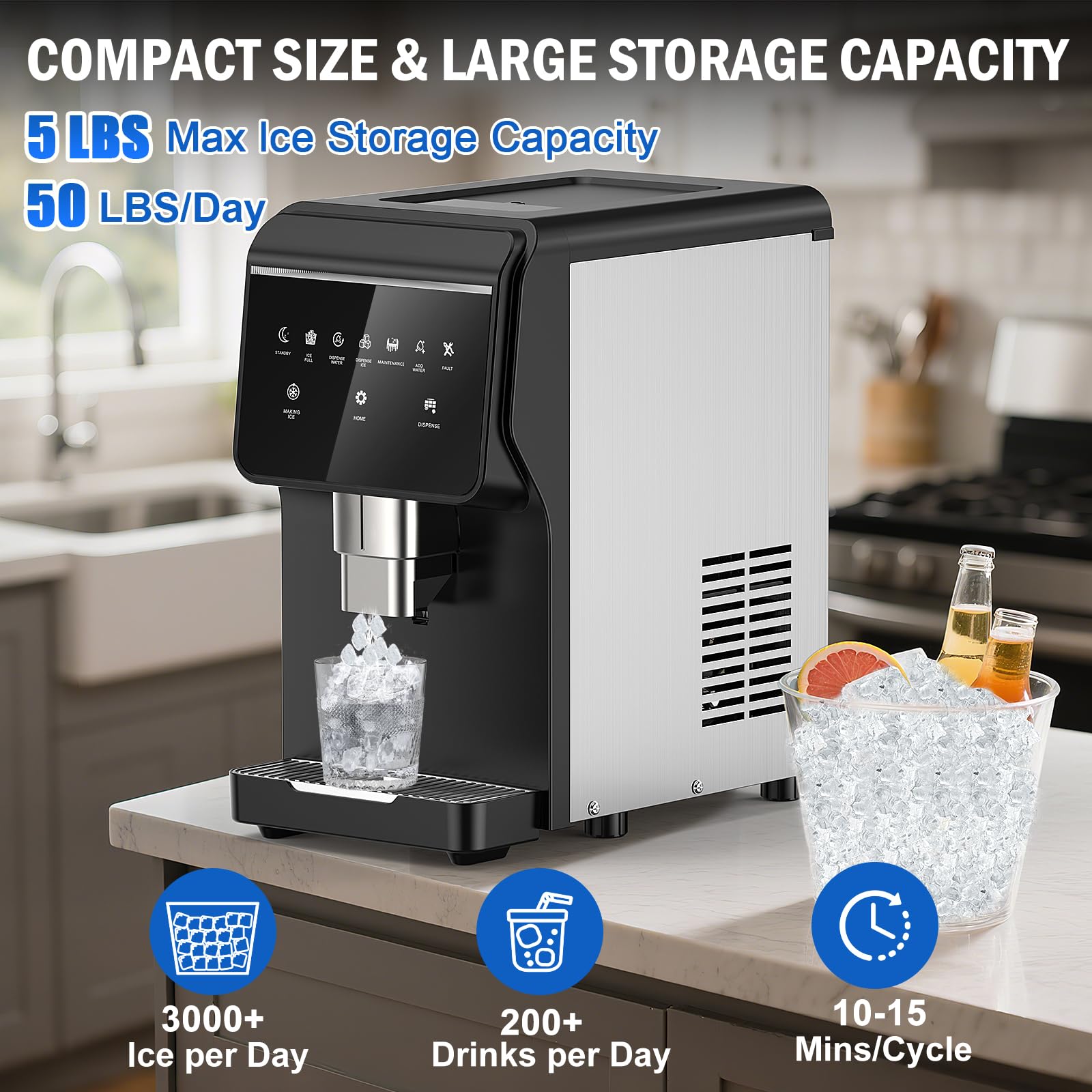 Nugget Ice Maker Countertop 50 Lbs/Day, 5 Lbs Ice Bin, Water Dispenser Countertop, Soft Chewable Pellet Ice Maker Machine Stainless Steel, Nugget Ice Machine For Home Bar Kitchen Office, Self-Cleaning on Fridge.com - View 2