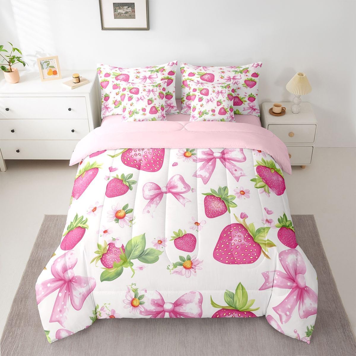 Erosebridal Cute Pink Bowknot 7 Piece Bedding Set Queen Size Strawberry Bed in A Bag Ribbon Bow Comforter with Sheets Bow Tie Bed Sets