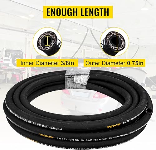 Miniatura 3 de VEVOR Manguera hidráulica de 38 pulgadas x 100 pies, manguera hidráulica en espiral 4800 PSI, manguera hidráulica de goma con 2 trenzas de alambre