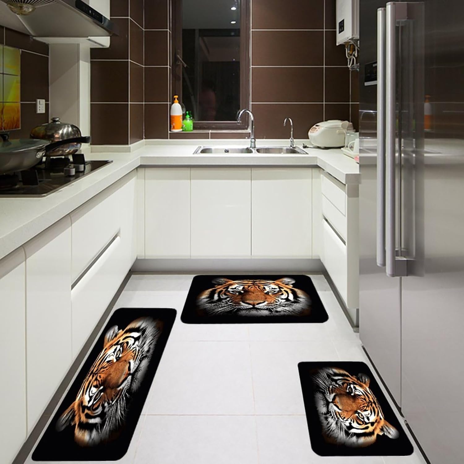 Tiger Face Kitchen Rugs Sets of 3 Non Slip Kitchen Mats for Floor Farmhouse Kitchen Sink Mat Thick Comfort Standing Mat for Laundry Room Hallway Bathroom