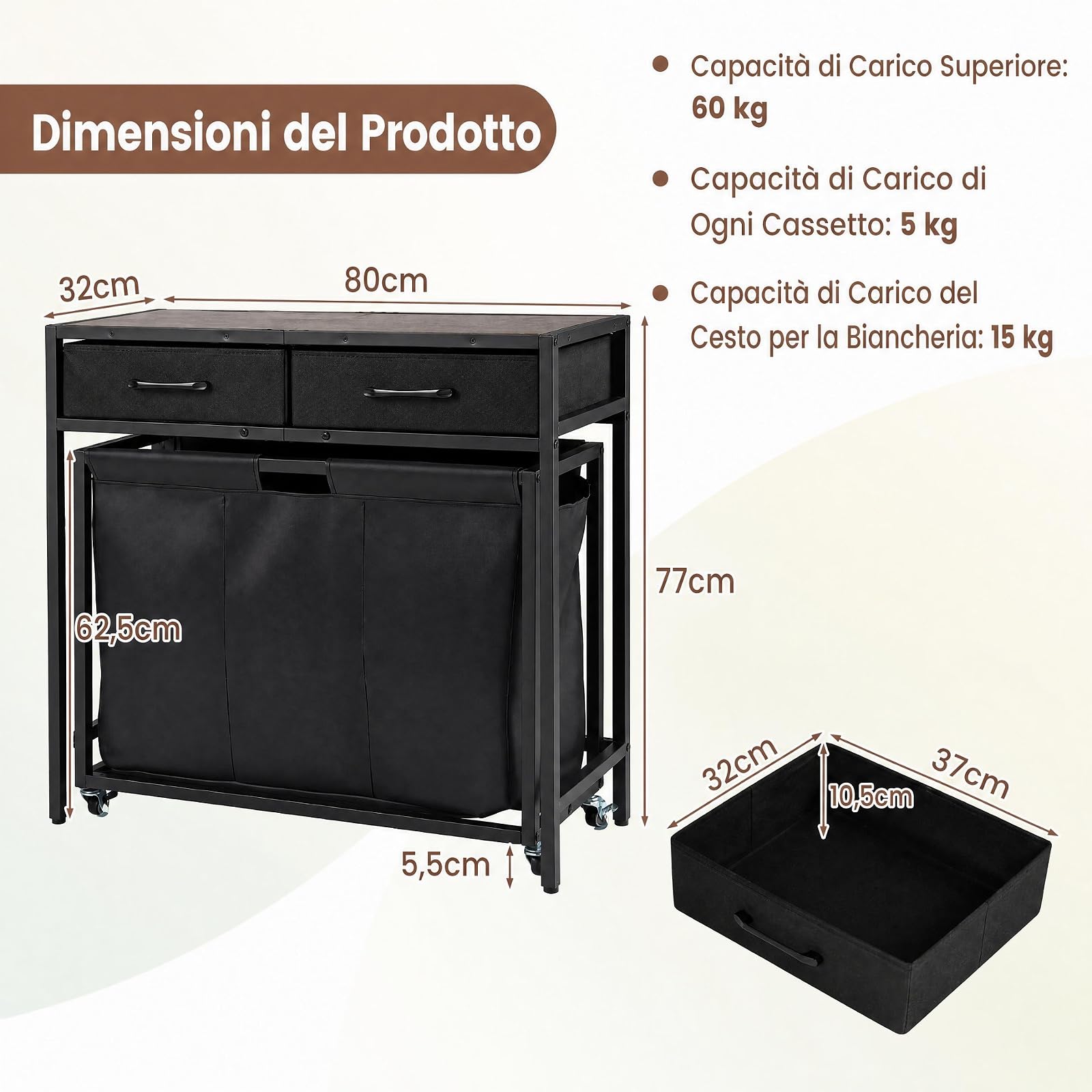 COSTWAY Cesto Portabiancheria 67,5Lcon Ruote, Tavolino con Cassetti Marrone