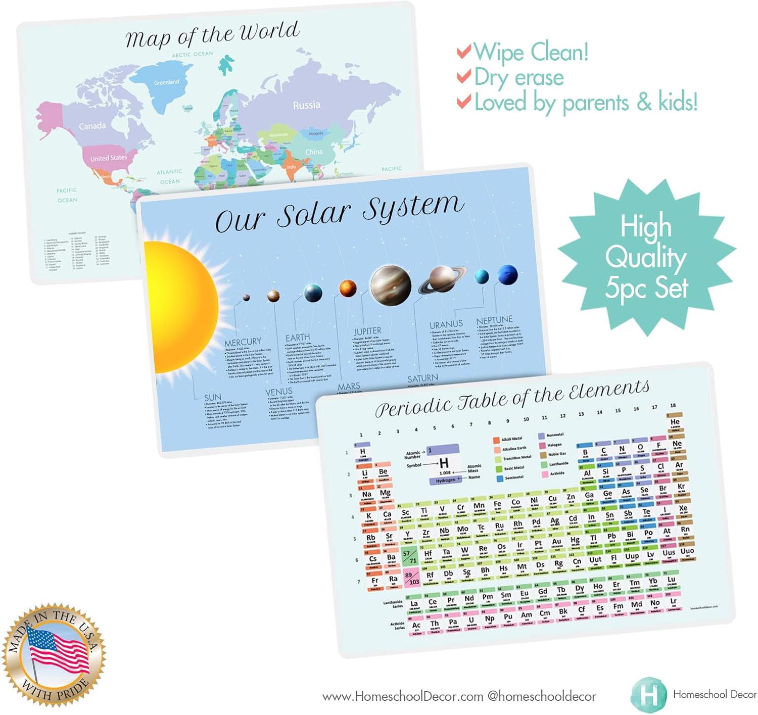 Educational Kids Placemats for Dining Table and Classroom Days, Months & Weather, Sight words, Alphabet & USA map, durable plastic Set of 3
