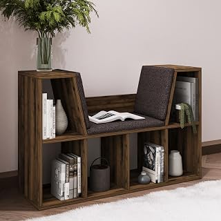 Livora Minderli Kitaplık - Oturma Alanlı 103 cm Minimalist Tasarım, Ceviz