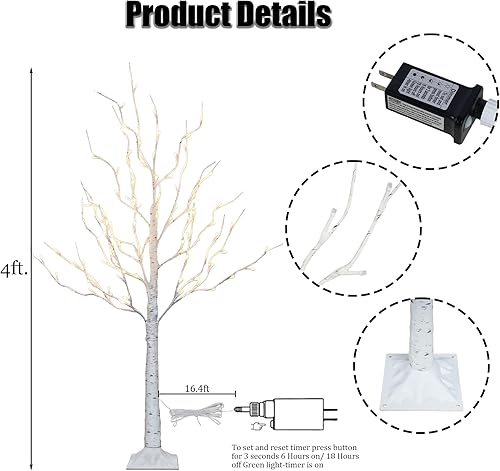 Miniatura 4 de Dazzle Bright Paquete de 2 árboles de abedul iluminados, 4 pies en total 96 LED preiluminados, árbol de Navidad artificial con temporizador,