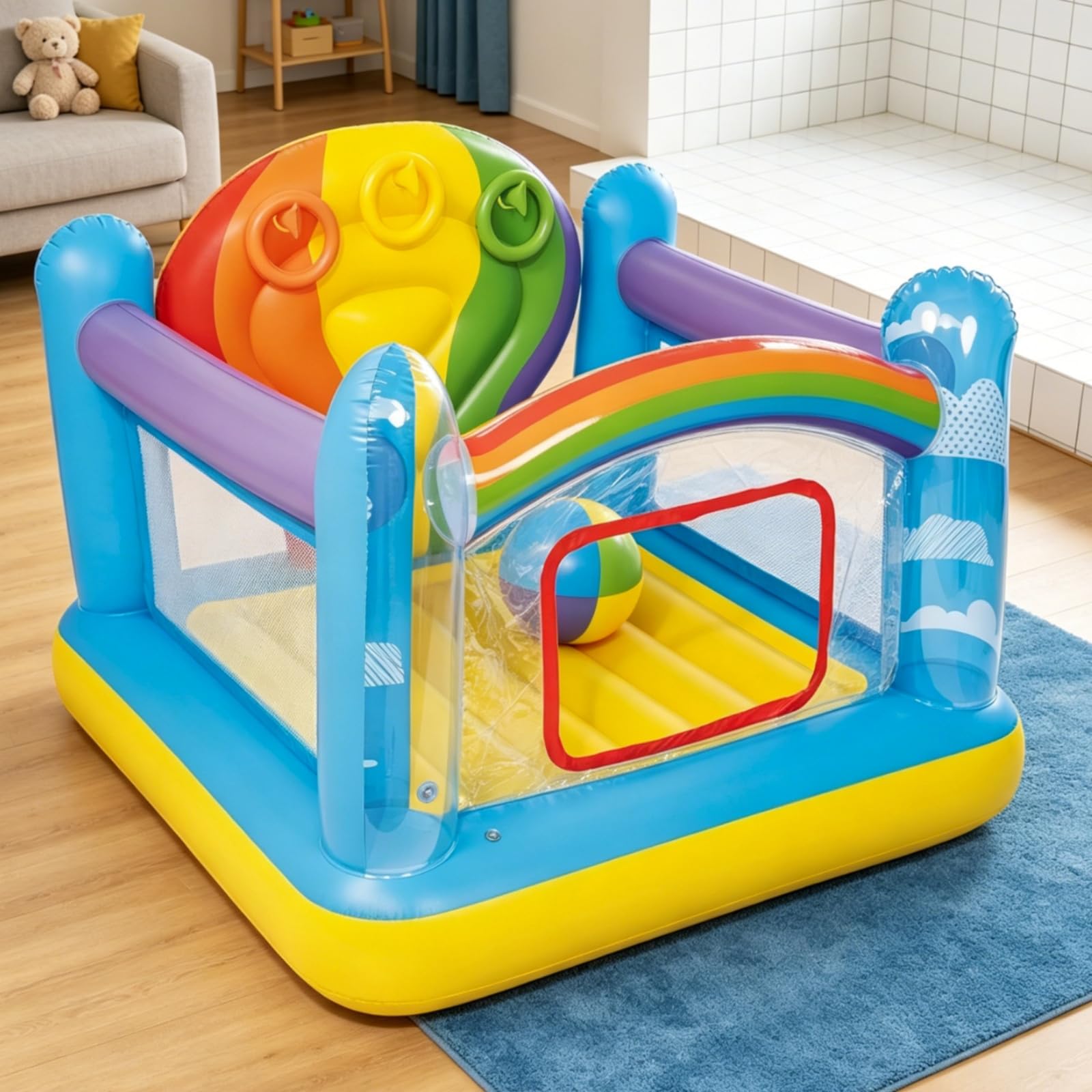 Castello Gonfiabile per Bambini Casa Saltellante Bouncer Zona Gioco Interna Materiale PVC Fondo Ammortizzato Laterali Struttura Compatta Accesso