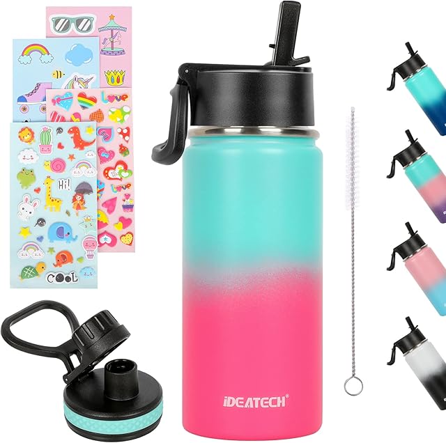 IDEATECH Water Bottles with Straw, Kids Water Bottles 450ML, Stainless Steel Water Bottle with Straw for 12 Hours Hot & 24 Hours Cold Drinks Bottle, Kids Water Bottle for School - 2 Lids