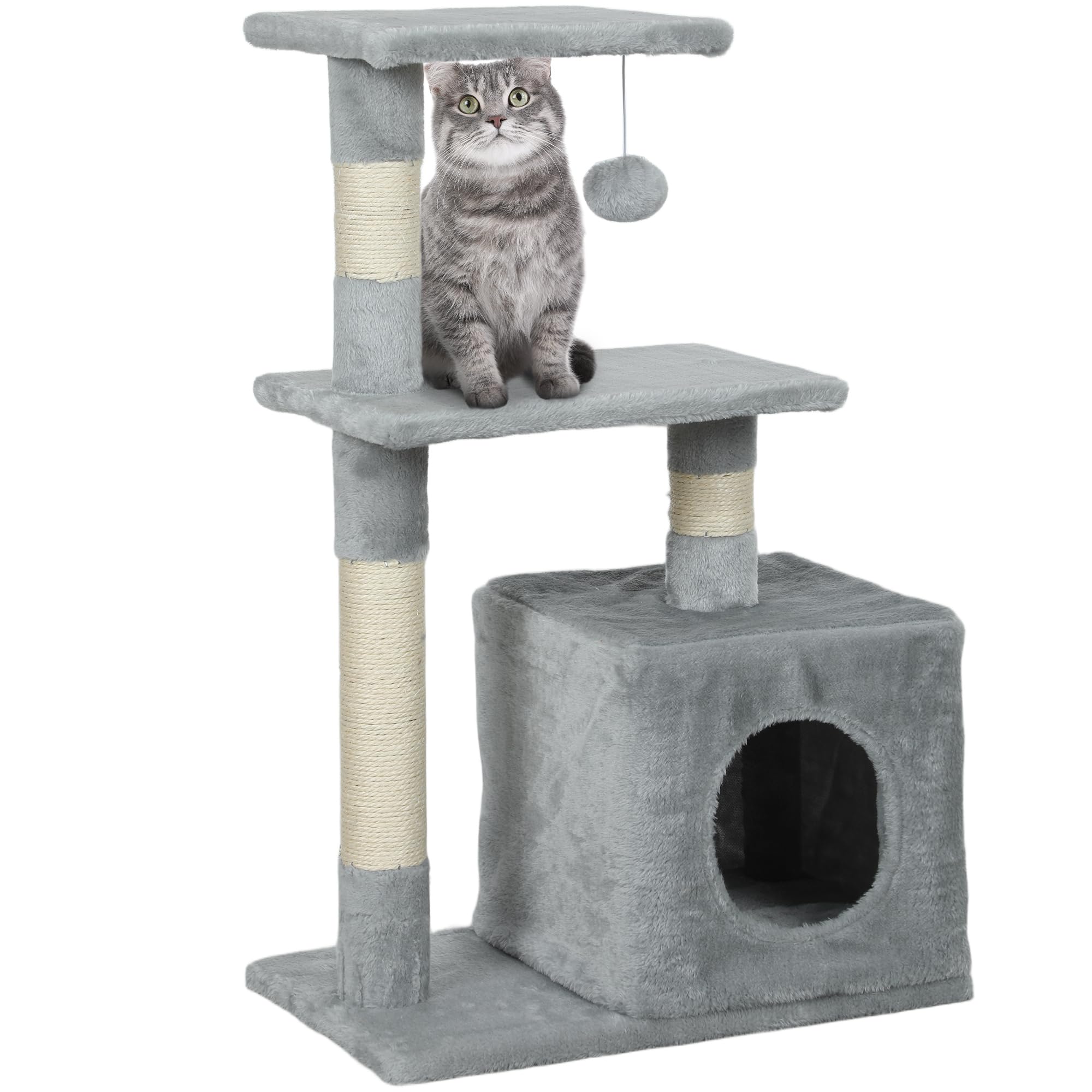 PawHut Arbre à Chat Hauteur 81,5 cm Tour de Jeux pour Chats avec poteaux en sisal, 2 Plates-Formes, Niche, Balle, Tissu Peluche, griffoir Multi-Niveaux idéal pour Chat 4,5 kg, Gris foncé