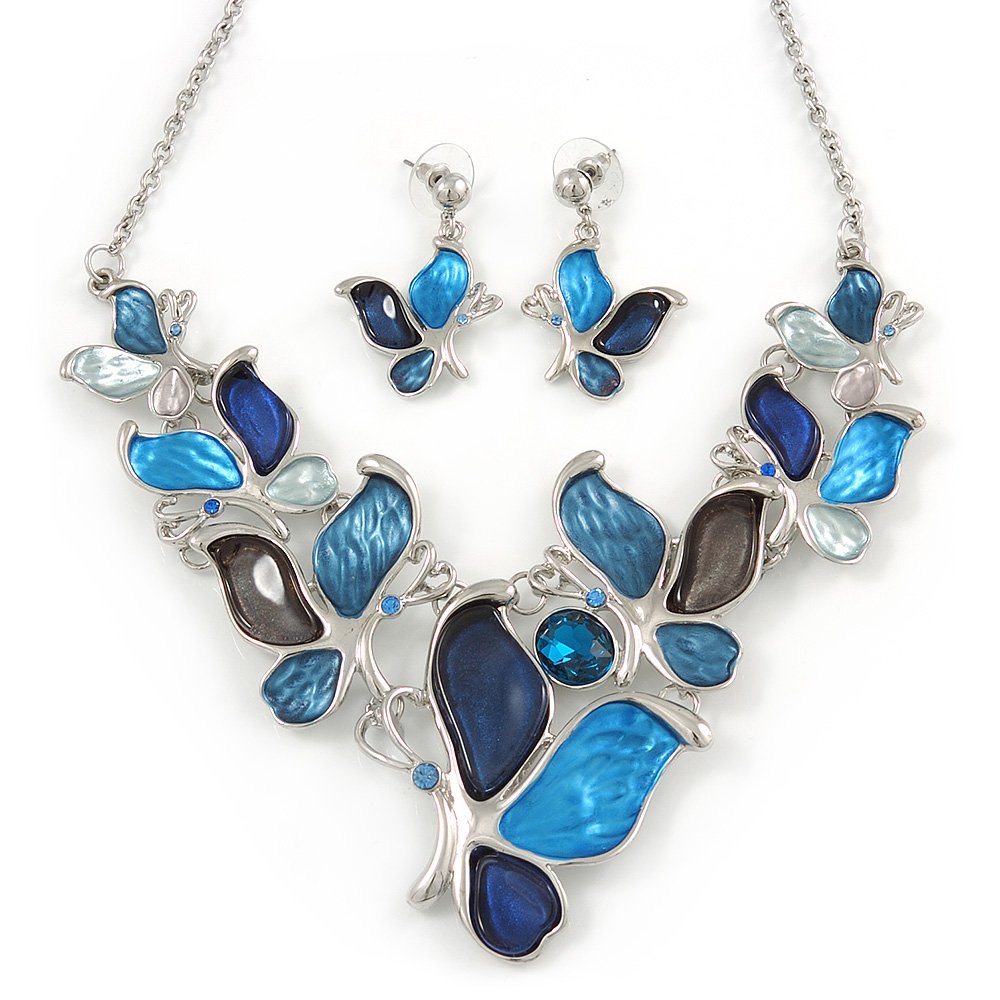 Avalaya Set di collana e orecchini pendenti a forma di farfalla blu in vetro/cristallo / metallo argentato / 40 cm L / 8 cm di estensione
