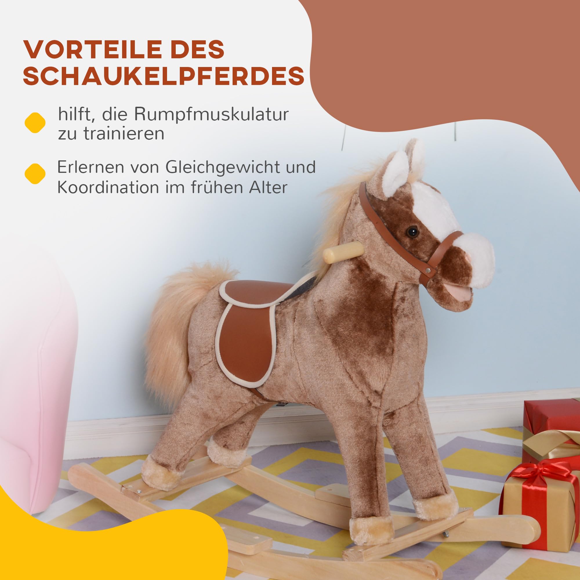 HOMCOM Schaukelpferd Schaukeltier mit Haltegriffen Plüsch Baby Schaukel Schaukelsitz für Kinder ab 3 Jahren
