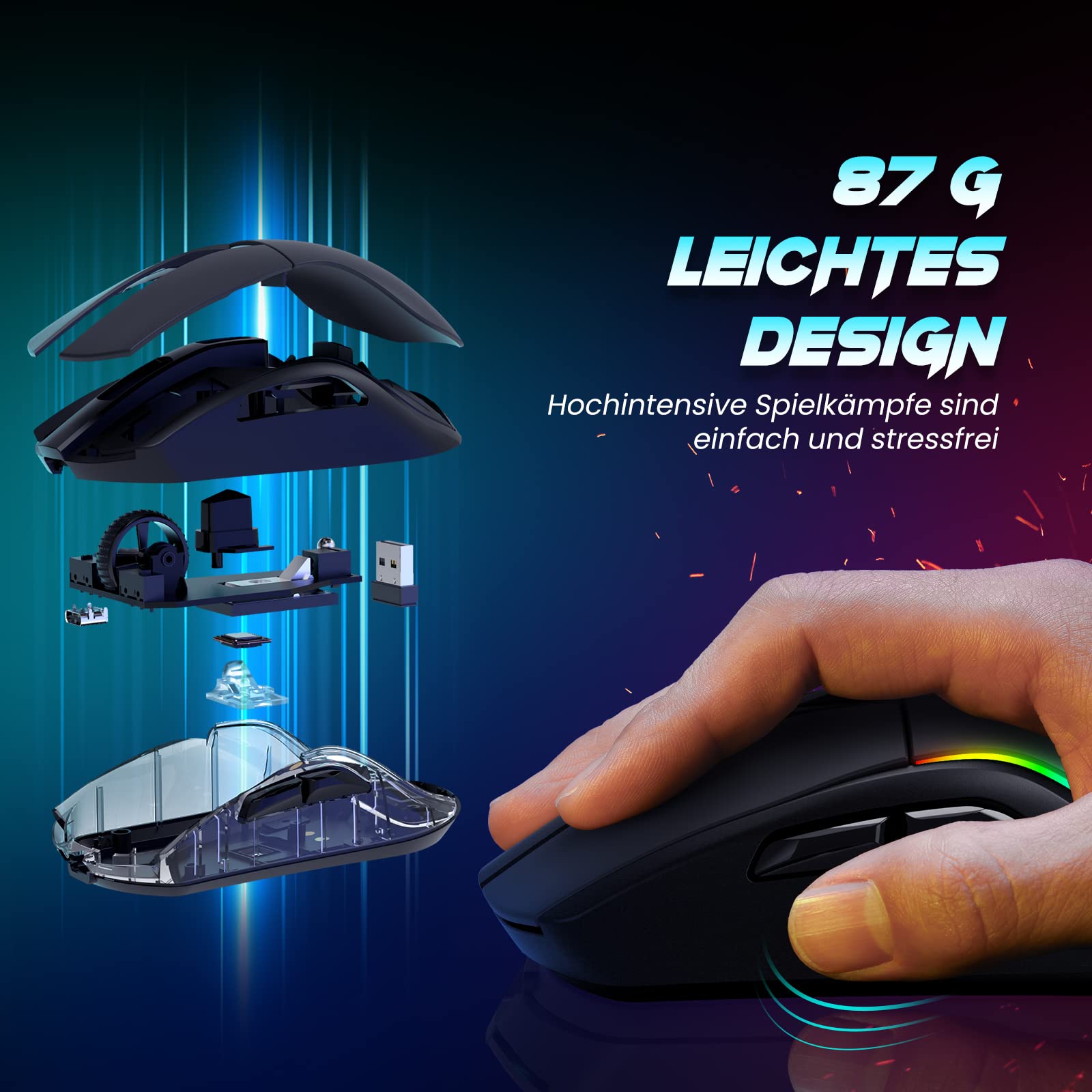 RisoPhy Kabellose Gaming-Maus mit magnetischer RGB-Ladestation, leichte Tri-Mode-Gaming-Maus, kabellos bis zu 20 KDPI, 300 IPS, 1000 Hz mit Chroma-RGB-Hintergrundbeleuchtung, Tasten vollständi