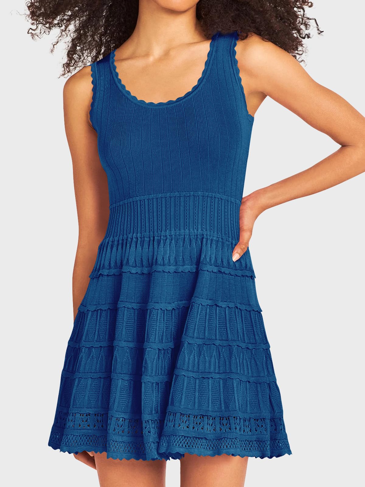Wenrine Minivestido de verano para mujer, sin mangas, de punto, cuello redondo, casual, dobladillo de ganchillo, delgado, lindo vestido sin mangas