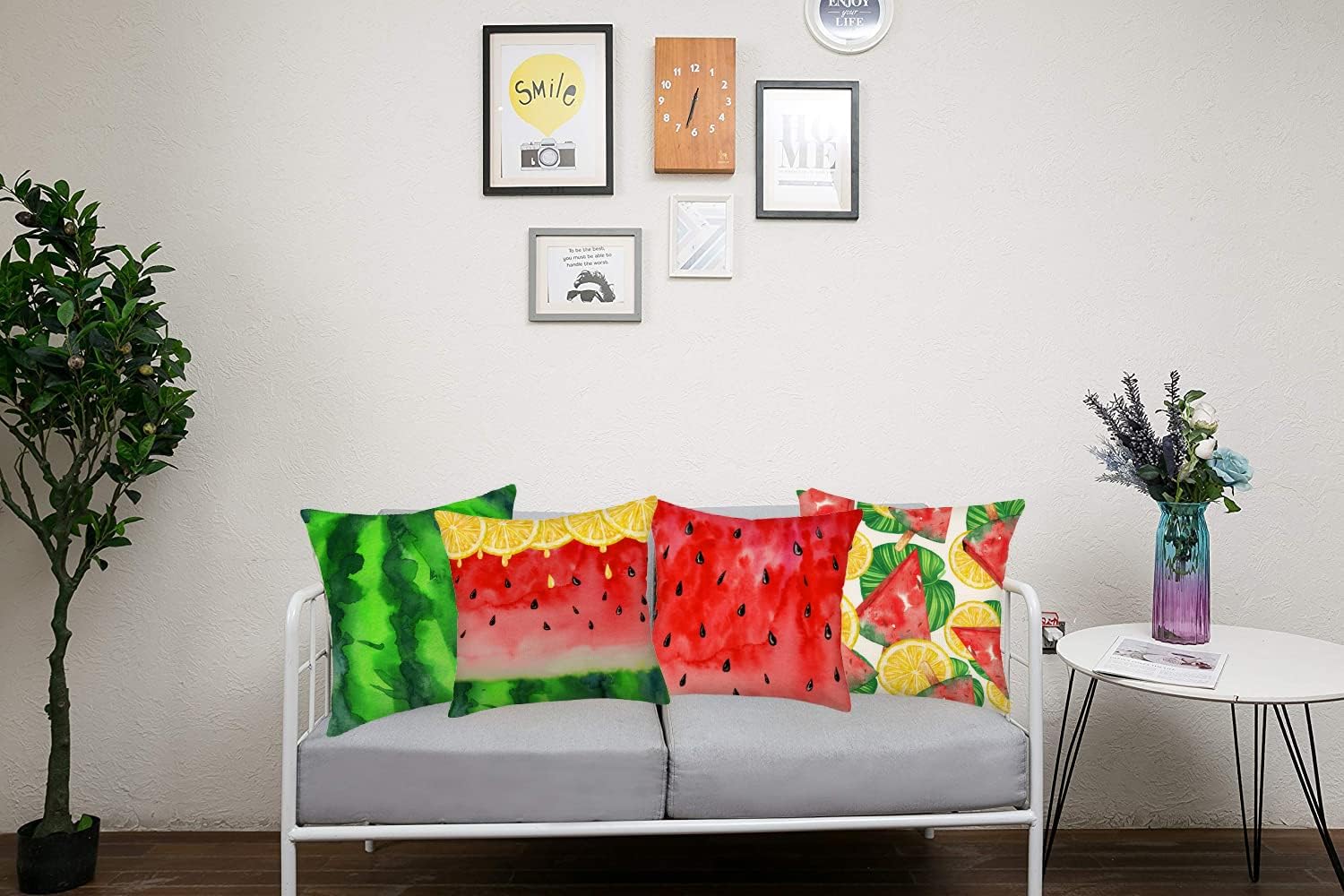 Fukeen Summer Watermelon Pillow Covers 22x22 Inch Set of 4 Summer Tropical Palm Leaves Lemon Watermelon Pillow Case Outdoor Home Sofa Couch Decor Pillows Cushion Cover, Red Green Yellow