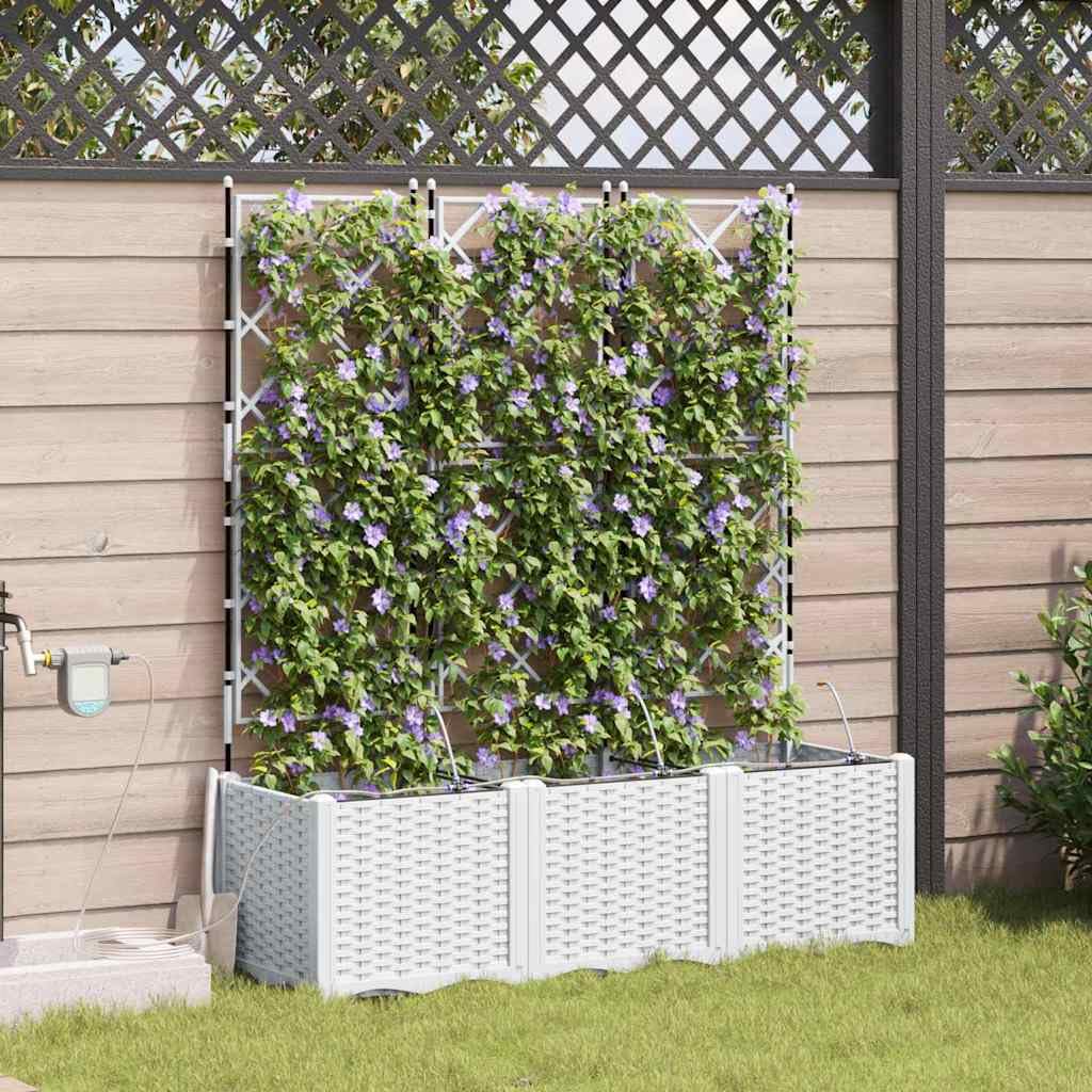 Lot de 3 pots de fleurs de jardin avec système d'auto-irrigation, jardinière surélevée moderne en plastique pour jardin et terrasse - Blanc - Pour fleurs et herbes - 120 x 40 x 142 cm