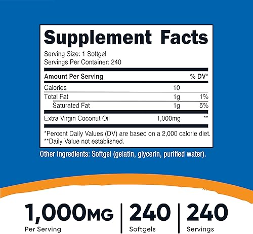 Miniatura 2 de Nutricost Cápsulas blandas de aceite de coco (1000 mg), 240 cápsulas blandas, aceite de coco virgen extra, sin gluten y sin OMG