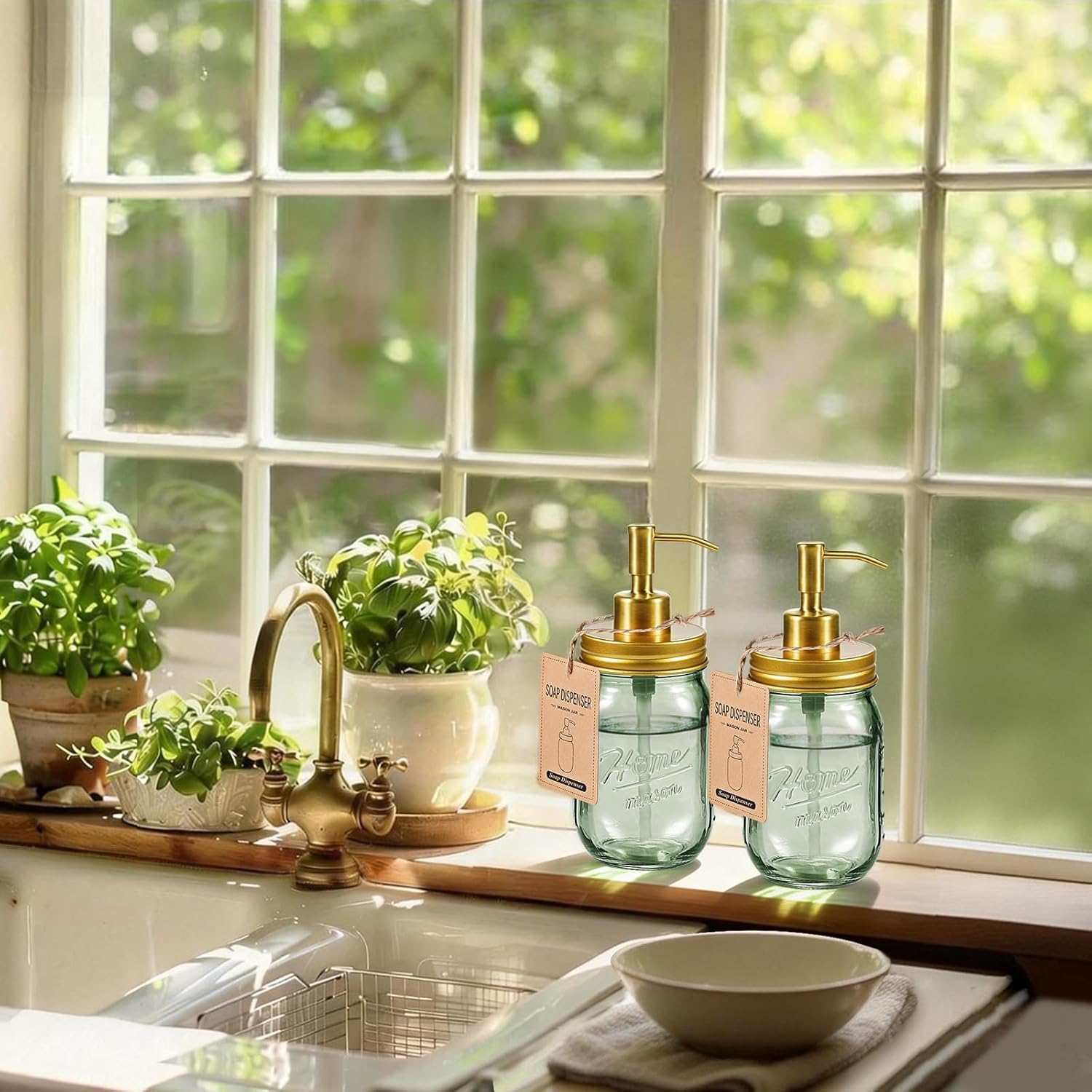 SheeChung Mason Jar Green Glass Soap Dispenser & 6Pcs Mason Jar Bathroom Accessories Set, Hand Soap Dispenser, Toothbrush Holder, Qtip Holder, Soap Dish, Gold Bathroom Decor