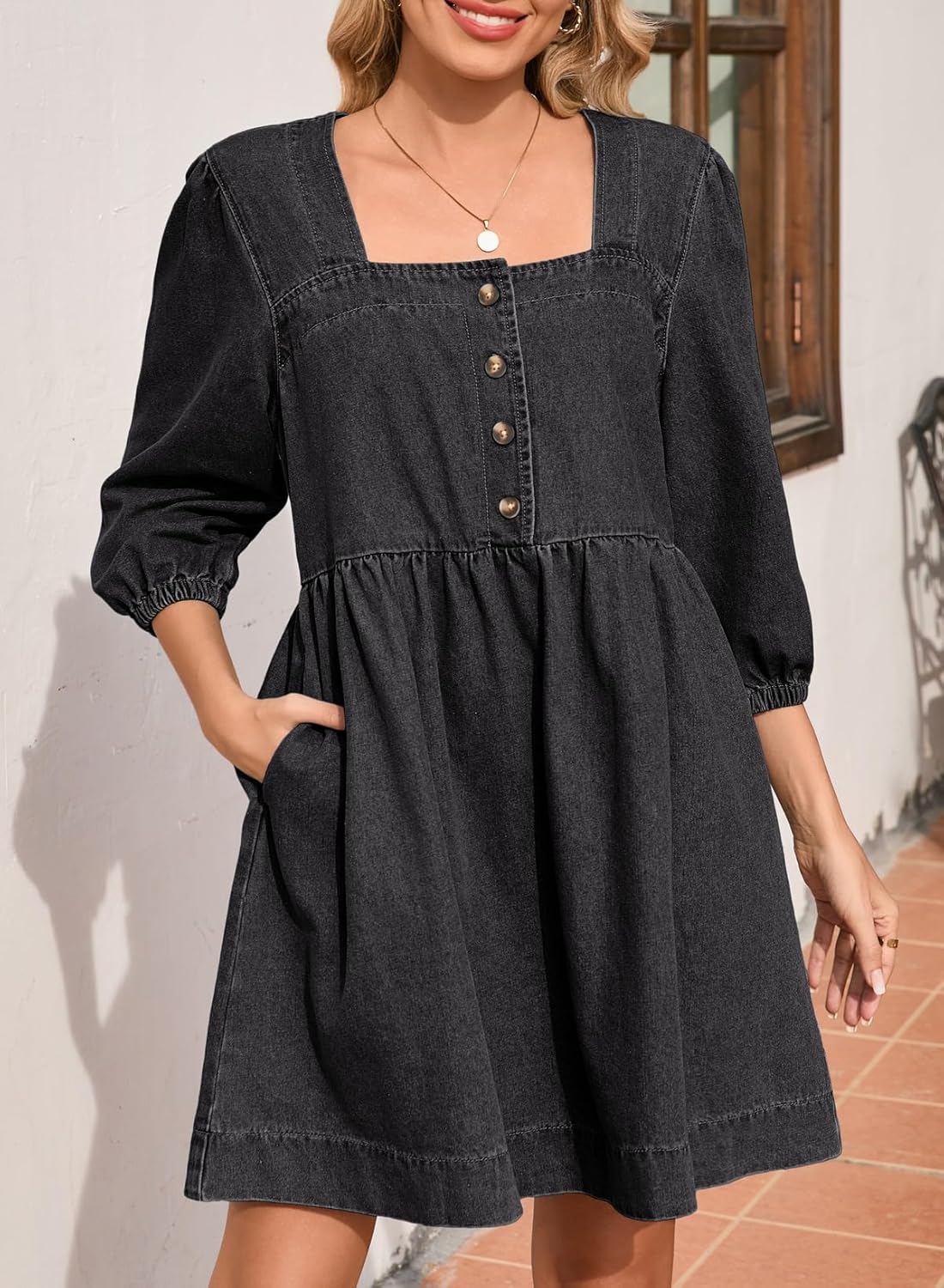 Sidefeel Women's Spring Outfit Denim Dress 3/4 Sleeve Loose Fit Square Neck Summer Jean Dresses with Pockets - Image 4