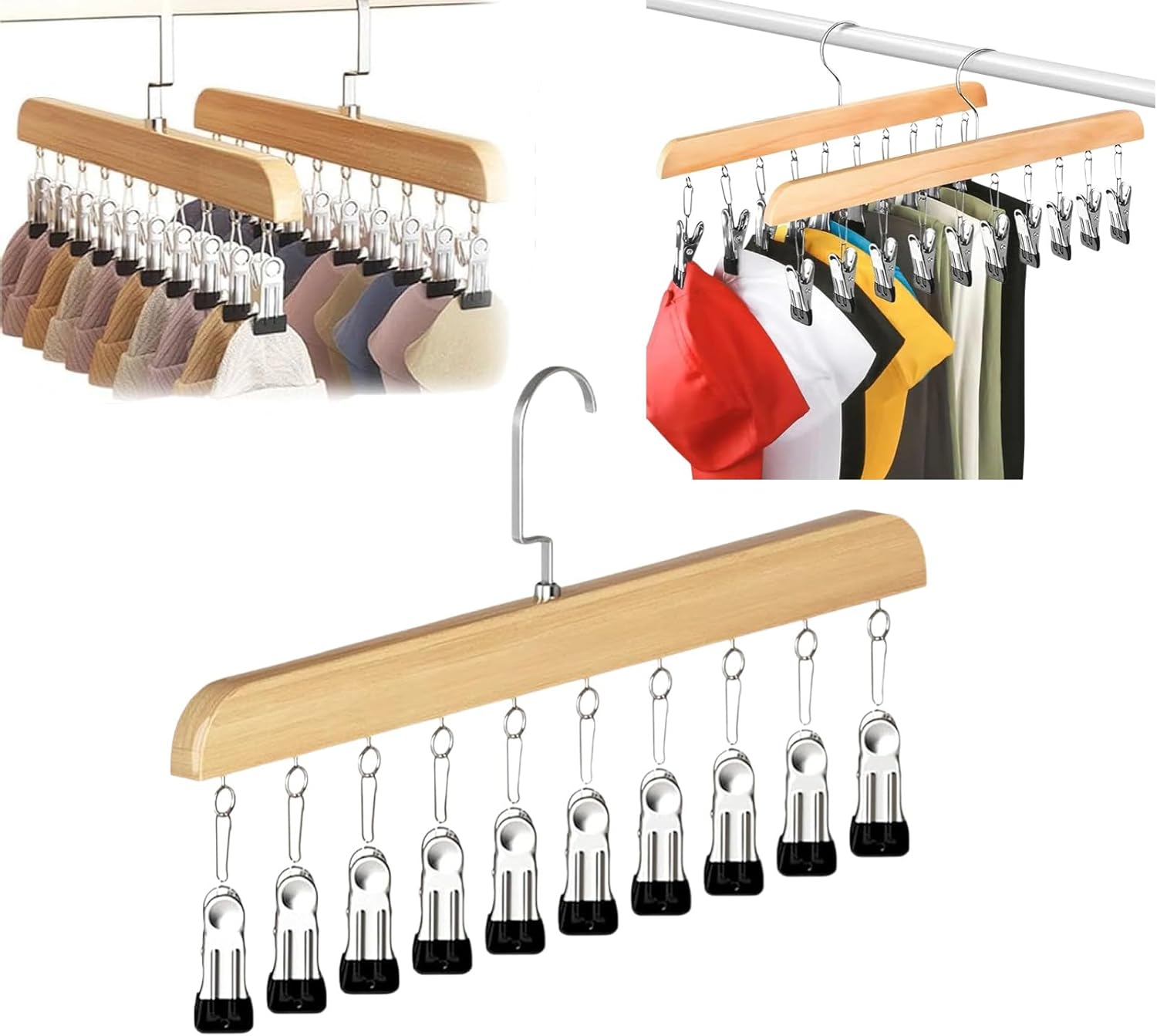 Hanging Legging Organizer for Closet,Wooden Yoga Pants Hangers with 10 Clips,360° Rotating Space-Saving Closet Organizer for Leggings, Scarves, Hats, Socks, Bras (3)