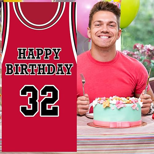 Miniatura 6 de Fondo de pancarta de feliz cumpleaños número 32, fondo rojo de baloncesto estrella jugador de deportes decoración para hombre niño 32 cumpleaños