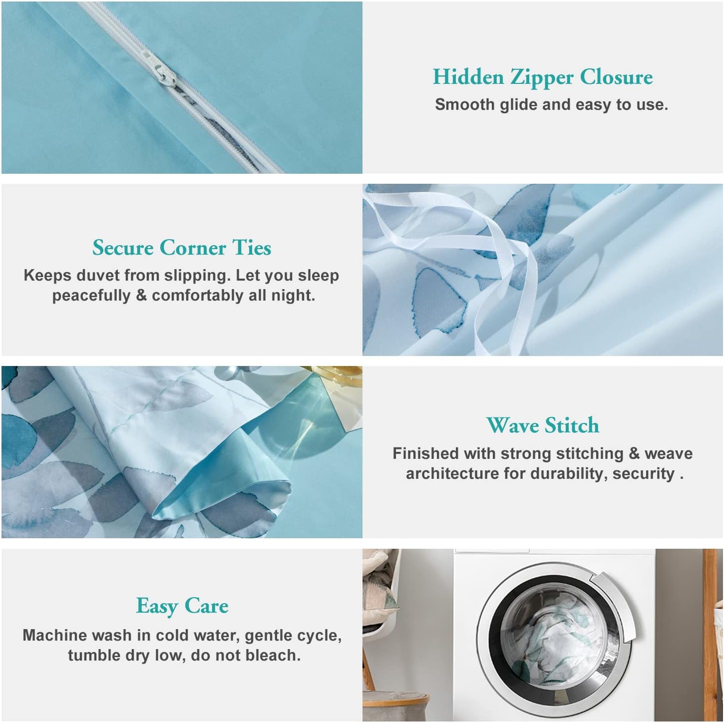 MILDLY 100% Long Staple Cotton Duvet Cover Set Gradient Blue Leaves Printed Comforter Cover Set Farmhouse Plant Comforter Cover Set
