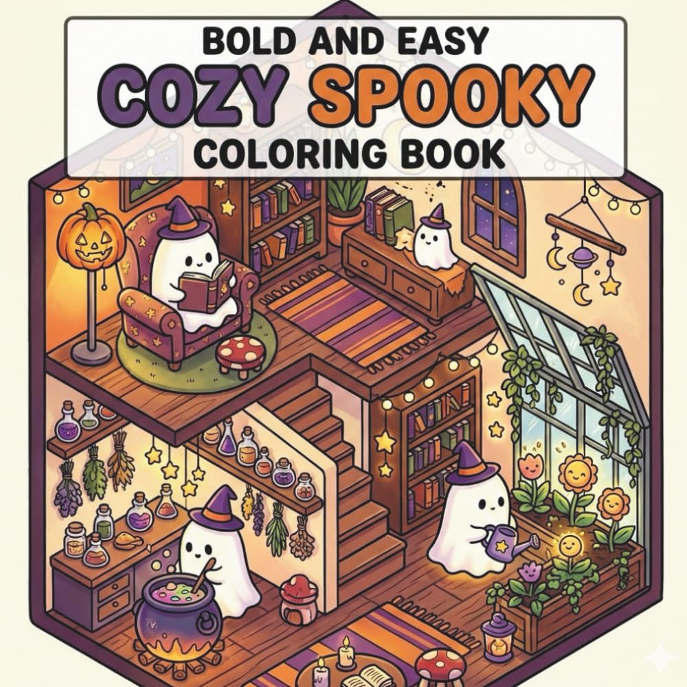 Bold and Easy Cozy Spooky Coloring Book: 40 Isometric Tiny Haunted Rooms and Witchy Spaces: Cute Ghost Aesthetic Designs for Adults with Black-Backed Pages to Prevent Bleed-Through