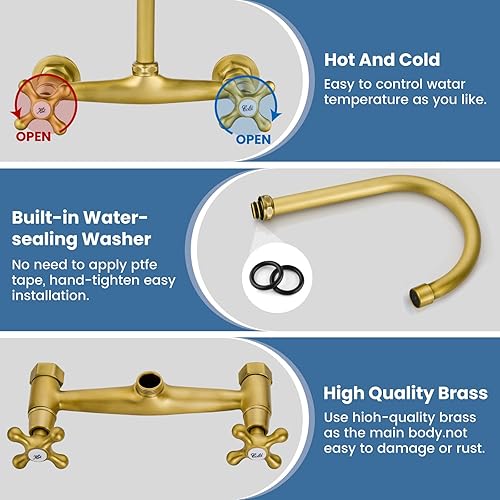 Miniatura 7 de Airuida Grifo de Cocina Comercial de Montaje en Pared de Latón Antiguo, Grifo de Fregadero de Cocina de Montaje en Pared, Grifo de Montaje en Pared