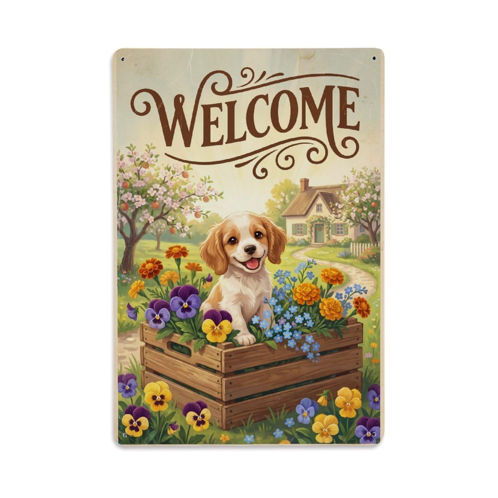 Cxhjca 8X12inch(20X30cm) Vintage Welcome Puppy Countryside Metal Tin Sign