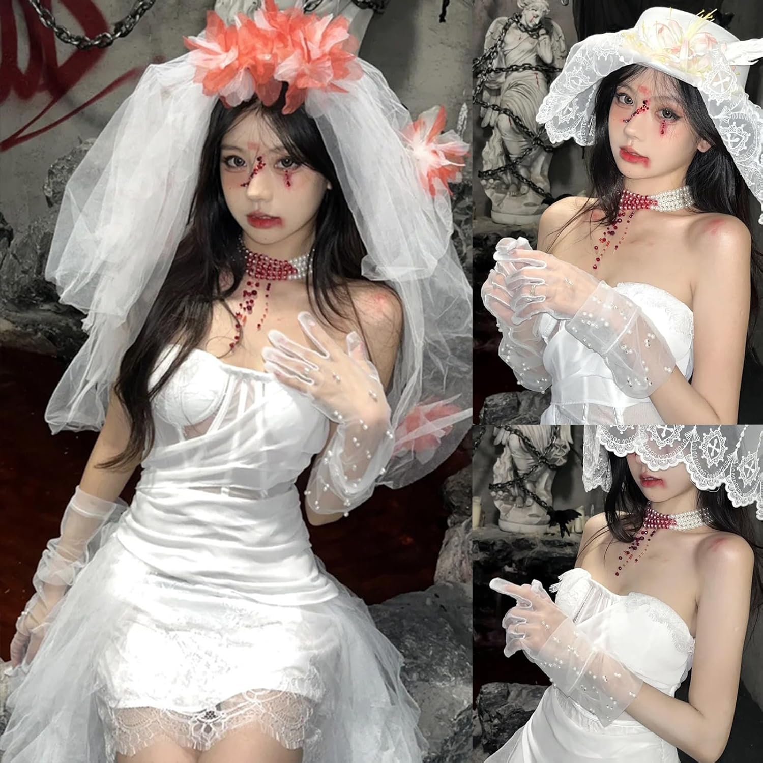 Pearl Gloves Women Long Tulle Wedding Bridal Gloves Bridal Opera Party Pearl White Gloves for Women Girls Show Wedding Halloween Cosplay Accessories 1 Pair - Image 3