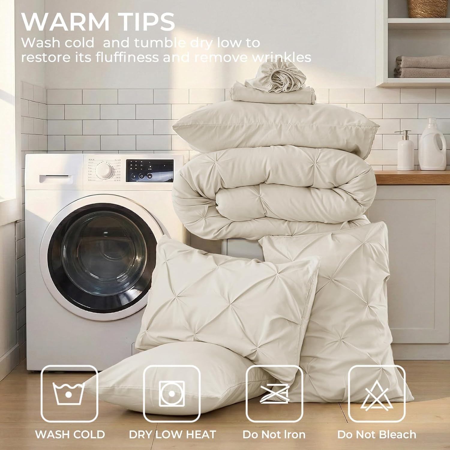 Sasttie Queen Comforter Set, 7-Piece Bed in a Bag, Pintuck Bedding Sets for All Season, Includes Comforter, Flat Sheet, Fitted Sheet, Pillowcases and Pillowshams, Beige - Image 9