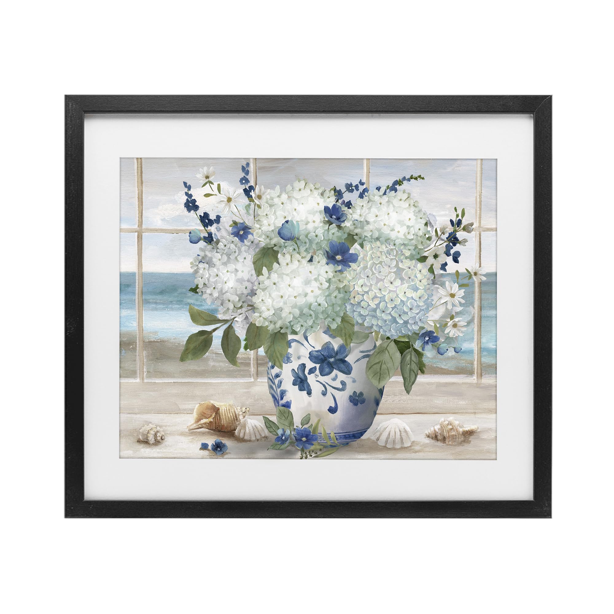 Seaside Hydrangea Bouquet Window, 17 x 21 Inch Framed Print Under Glass