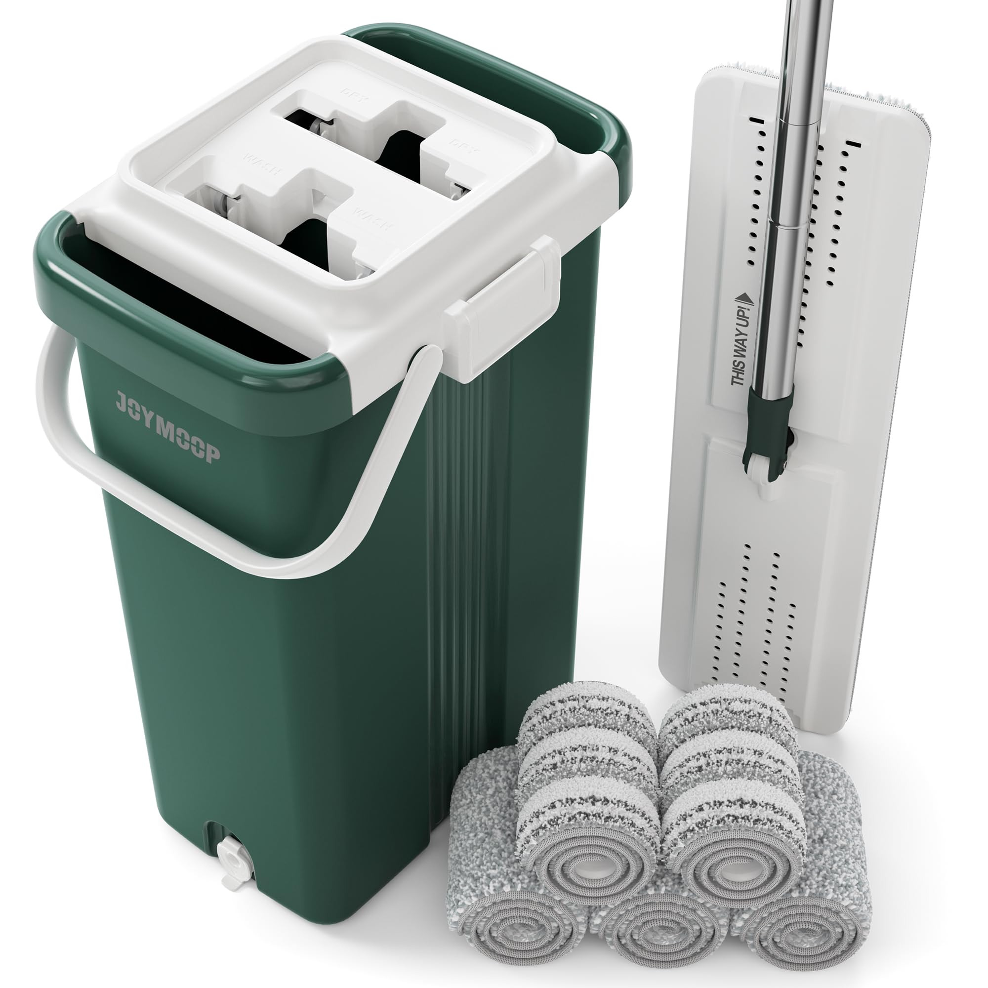 JOYMOOP Set di mocio commerciale resistente per la pulizia dei pavimenti, mocio asciutto bagnato e secchio con secchio per mocio verde foresta di grande capacità, include 5 panni riutilizzabili