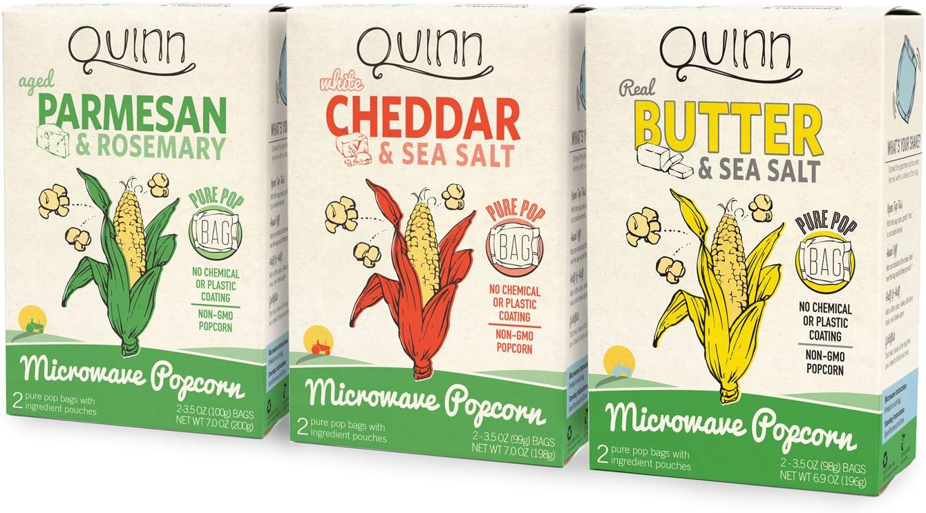 Quinn Snacks Microwave Popcorn Variety Pack (Butter & Sea Salt, White Cheddar, and Parmesan & Rosemary) (3 Pack)