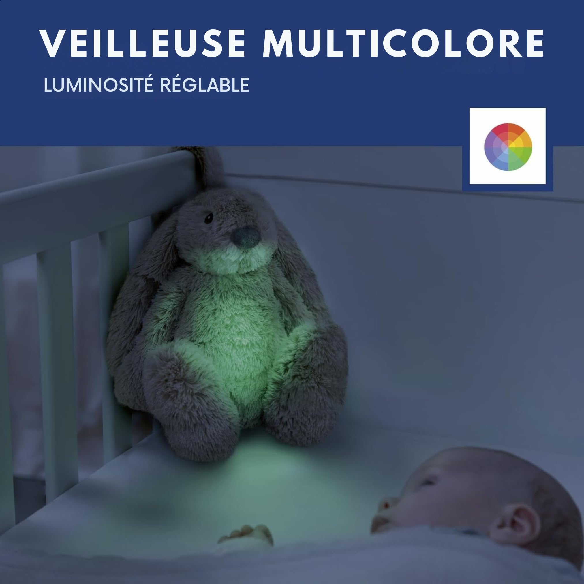 ZAZU Ro le Lapin Aide au Sommeil pour Bébé avec Batterie Rechargeable Veilleuse Multicolore Sons Apaisants Capteur de Pleurs Arrêt Automatique Charge USB-C