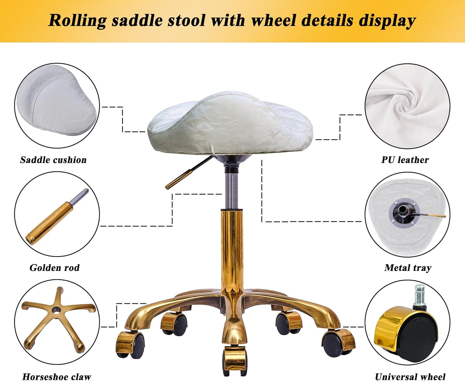 Saddle Stool Gold Rolling Stool with Wheels, PU Leather Roller Vanity Chair, Height Adjustable Swivel Saddle Chair for Pedicure, Tattoo, Massage, Salon, Spa (White)