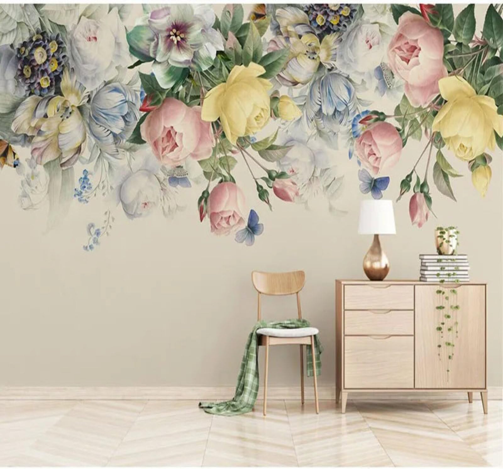 Wallpaper-3D-Xlm 350Cm×256Cm(B×H) Three Dimensional Beautiful Fresh Floral Butterfly 3D Wallpaper Easy Install Feature Office Living Room Sofa Bedroom Tv Background Wall Decoration-350Cm×256Cm