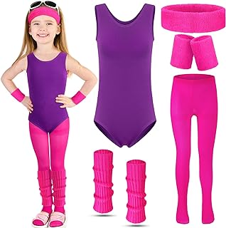 Kids 80s Workout Costume Halloween Outfit Accessories Neon Leotard Legging Headband Wristband Leg Warmers - Buy now