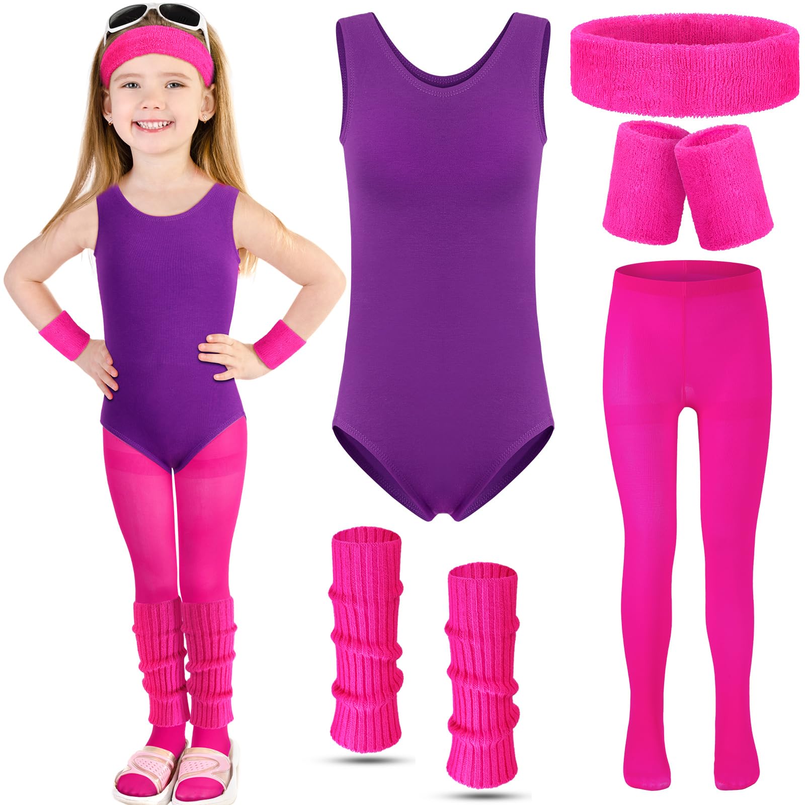 Giegxin Kids 80s Workout Costume Halloween Outfit Accessories Retro Neon Leotard Legging Headband Wristband Leg Warmers