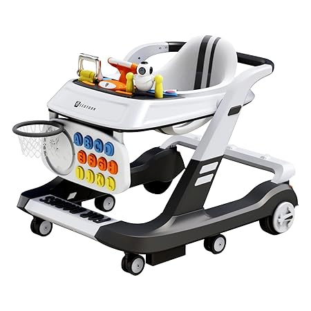 Leotoon 2-in-1 Dior Baby Walker | Adjustable Height | Musical Tray | Infant Activity Walker | Unisex | LED Decorated | Foldable Design | Basket Ball | Anti Fall | Rear Wheels With Speed Control | 4 Multi-Directional Mute Wheels | Oxford Seat | BIS Certified | (Black) (6-24 Months)