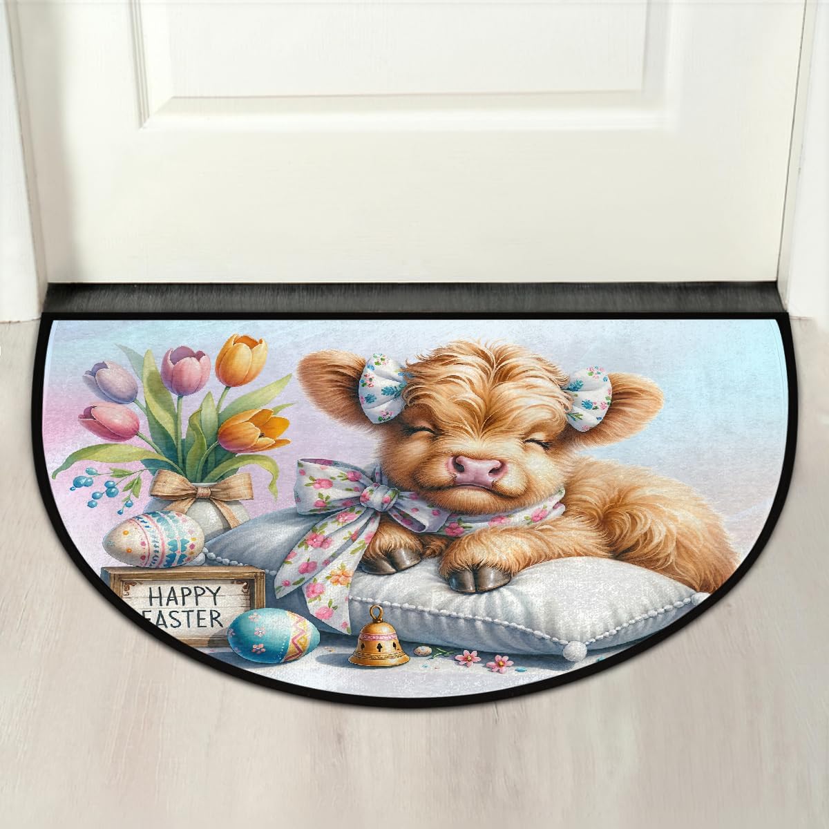 Half Round Doormat Cow Easter Festival Washable Semi Circle Area Rug Non Slip Absorbent Half Moon Rug for Indoor Outdoor Bathroom Kitchen Patio Front Welcome Fireplace Hearth Floor Mat