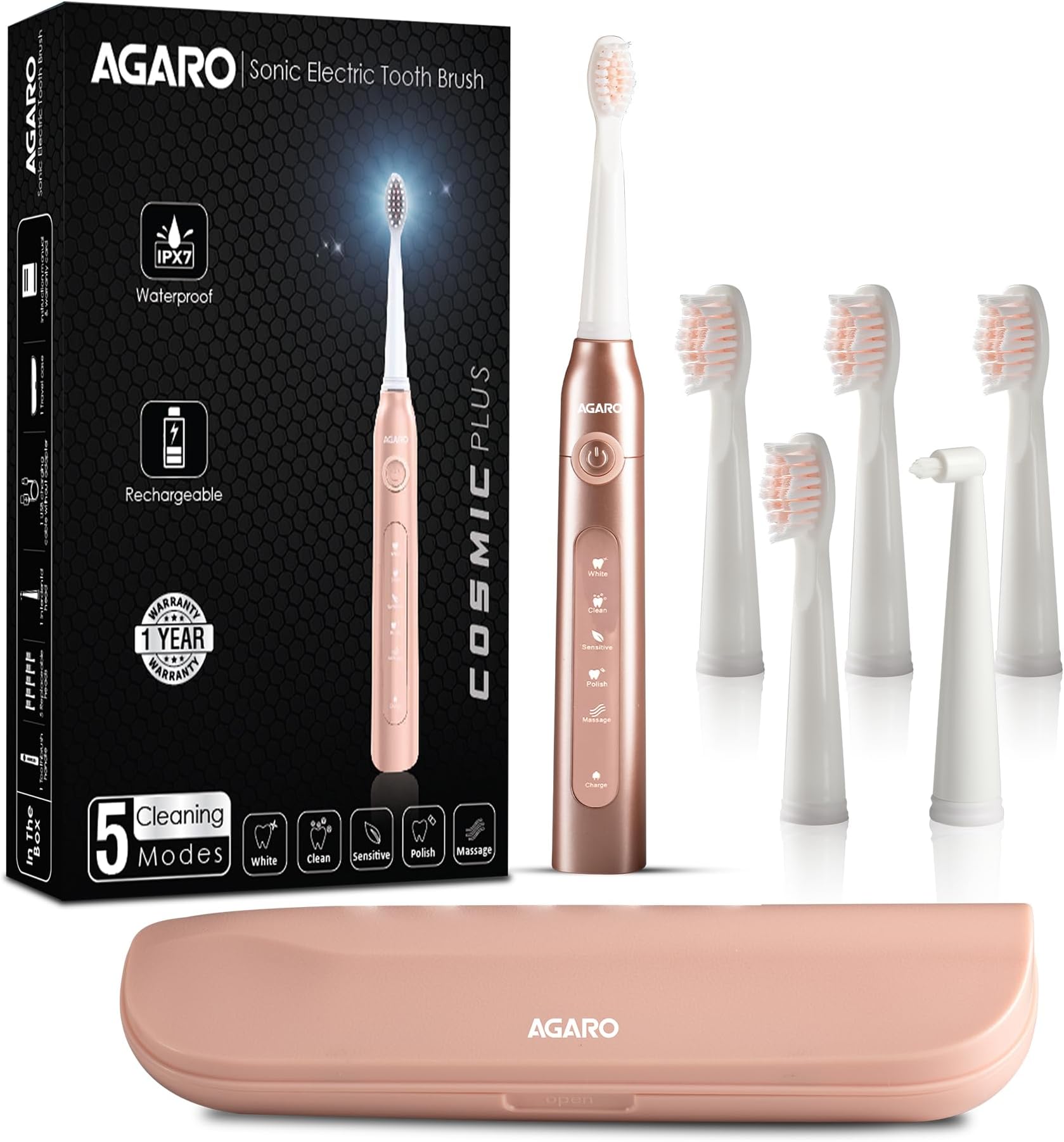 Cosmic Plus Sonic Electric Tooth Brush for Adults with 5 Modes, 5 Brush Heads, 1 Interdental Head, Carry Case & Rechargeable with 4 Hours Charge Lasting Up to 25 Days,Power Toothbrush(Rosegold)