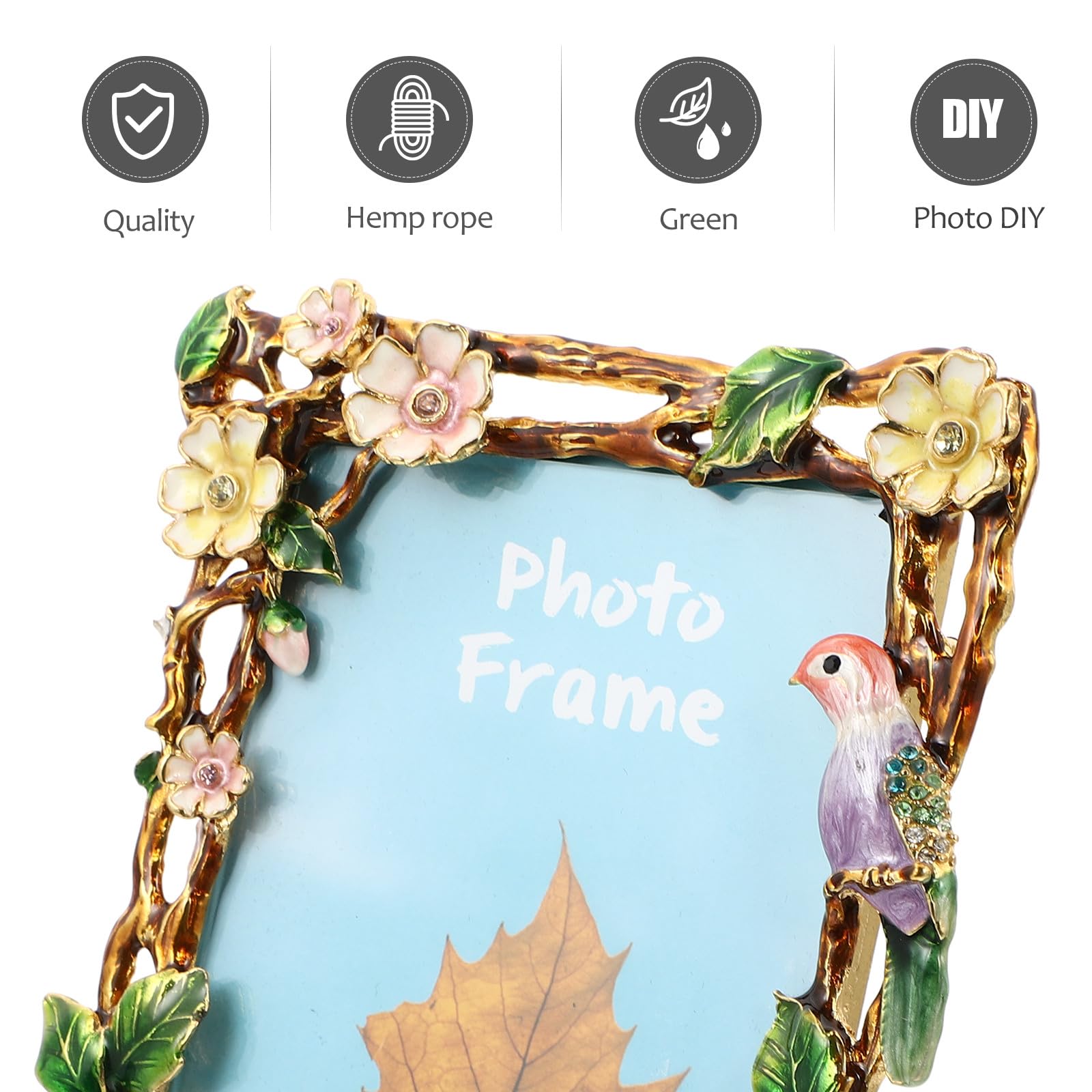 VOSAREA Fotorahmen Robust und Sicher mit Europäischem Stil aus Zinklegierung Vintage und Emaillierter Blumen und Vogeldekoration für Tisch und Thekenpräsentation