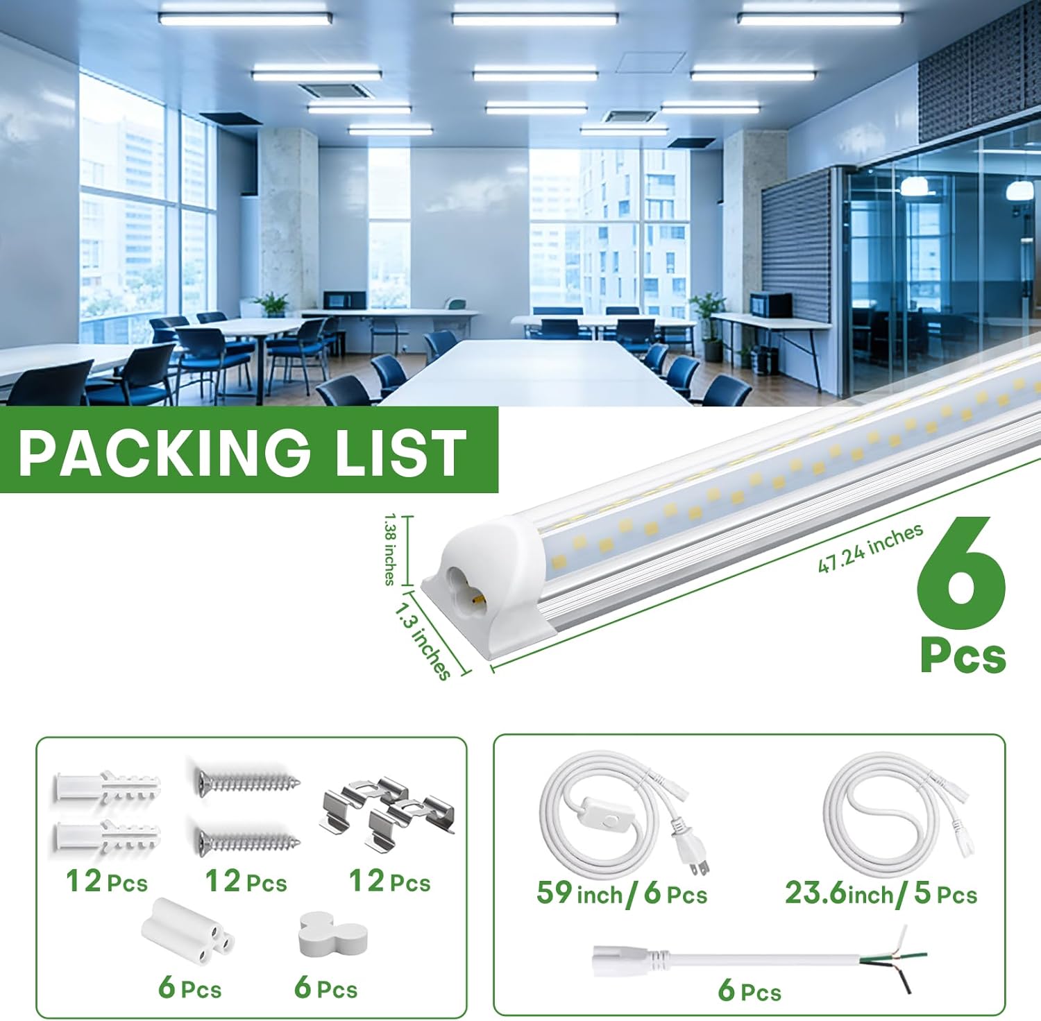 (6 Pack) 4FT Shop Light, T8 V-Shape Linkable LED Tube Lights, 6300LM 6500K 45W Integrated Lighting Fixture with ON/Off Switch, Plug and Play, Indoor Lights for Workshop, Basement, Warehouse
