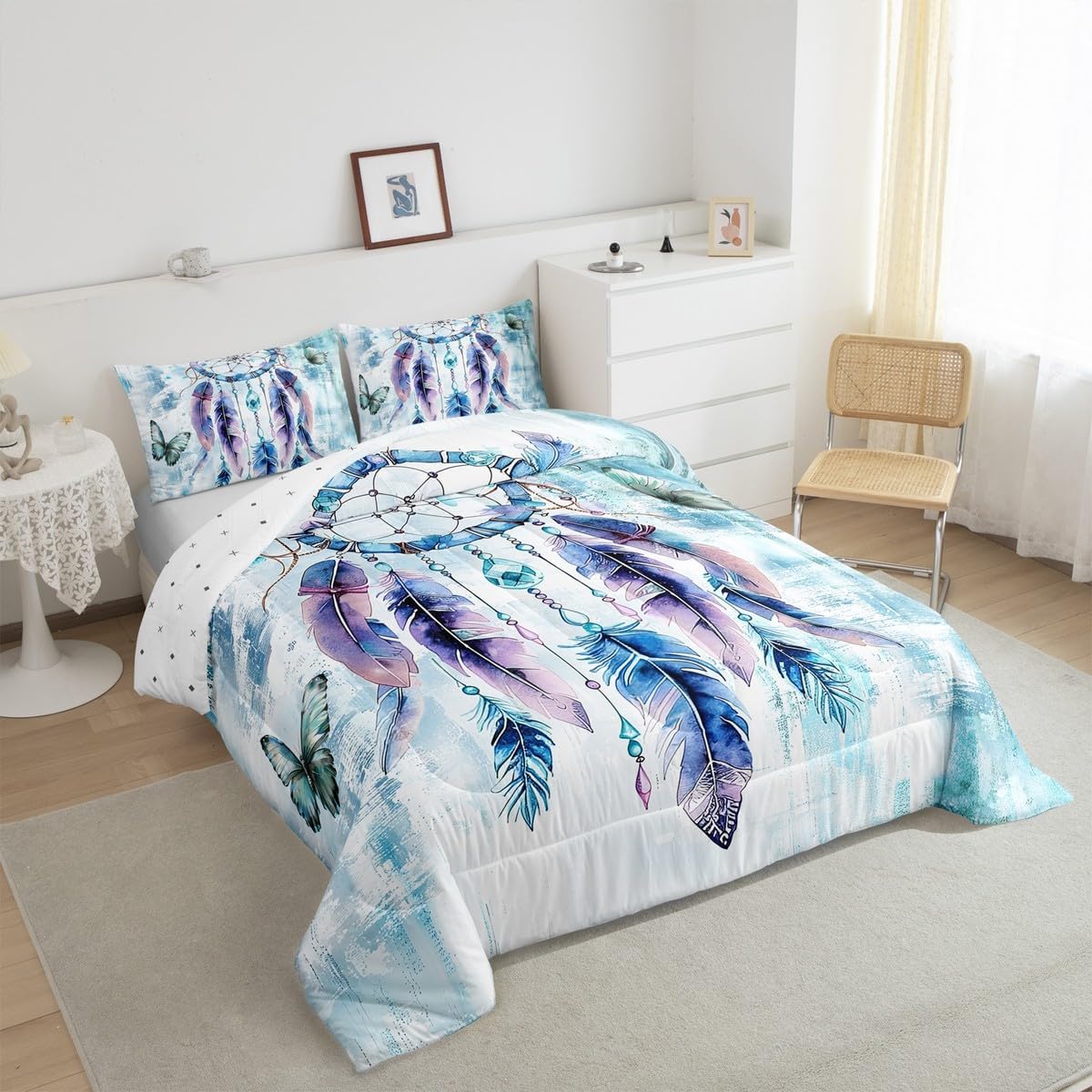 Erosebridal Bohemian Dream Catcher Queen Size Comforter Set for Girls Women Ombre Blue Bedding Set, Boho Gradient Feather Down Comforter Chic Butterfly Bed Set, Abstract Aesthetic Quilted Duvet