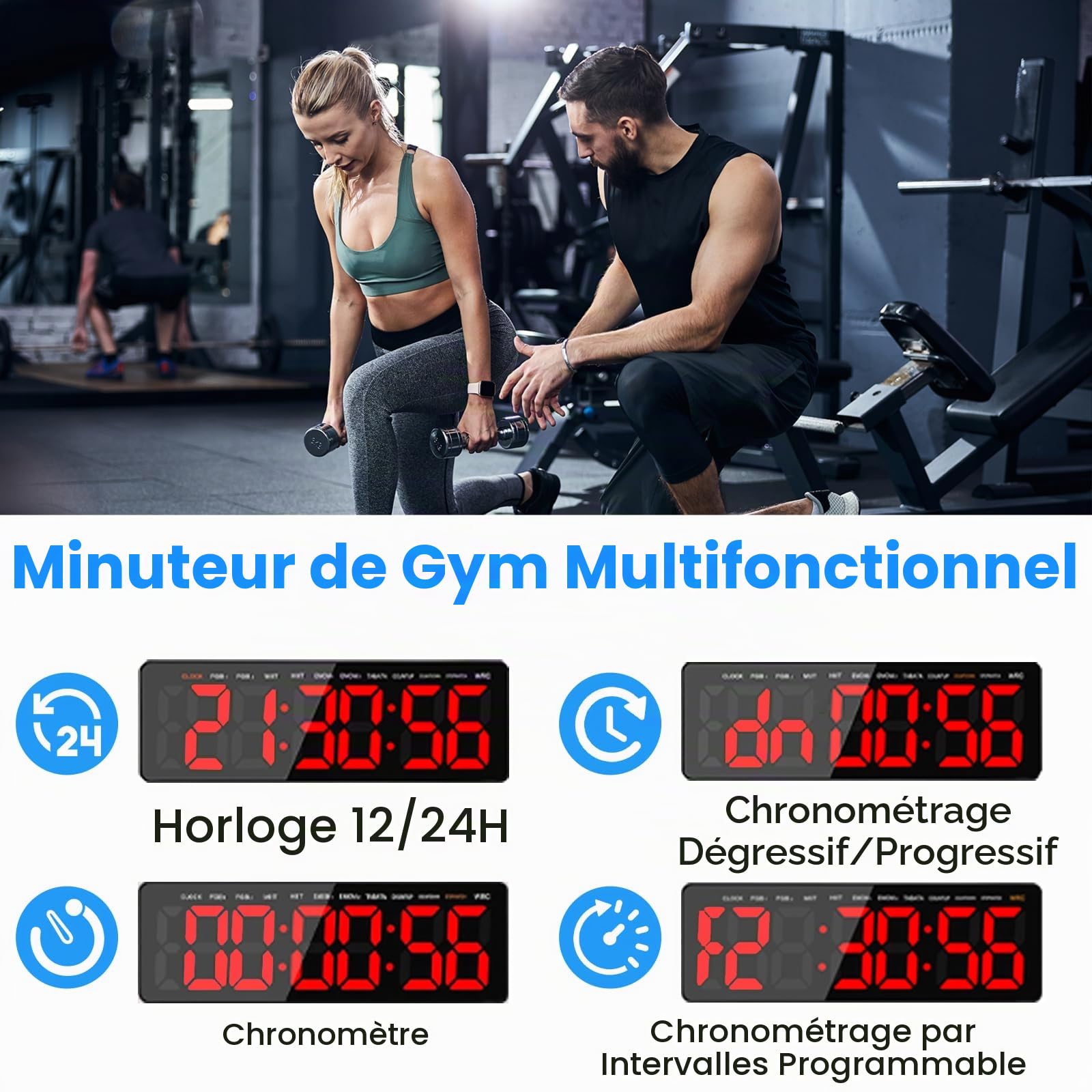 Timer Sport Minuteur Fitness avec Countdown/Countup/Chronomètre/Horloge Numérique,13.2” Gym Timer avec Télécommande pour Intervalles Boxe Tabata EMOM HIIT,3 Niveaux de Volume&Luminosité