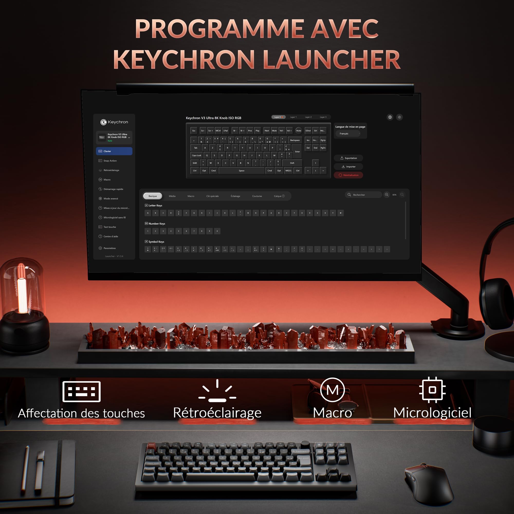 Keychron V3 Ultra ZMK Clavier Mécanique sans Fil, TKL ISO-FR Layout, 8K Polling Rate, 2,4 GHz/Bluetooth 5.3 /Filaire, RGB, Pré-lubrifiés, pour Mac, Windows et Linux, Interrupteurs Rouges Silk Pom